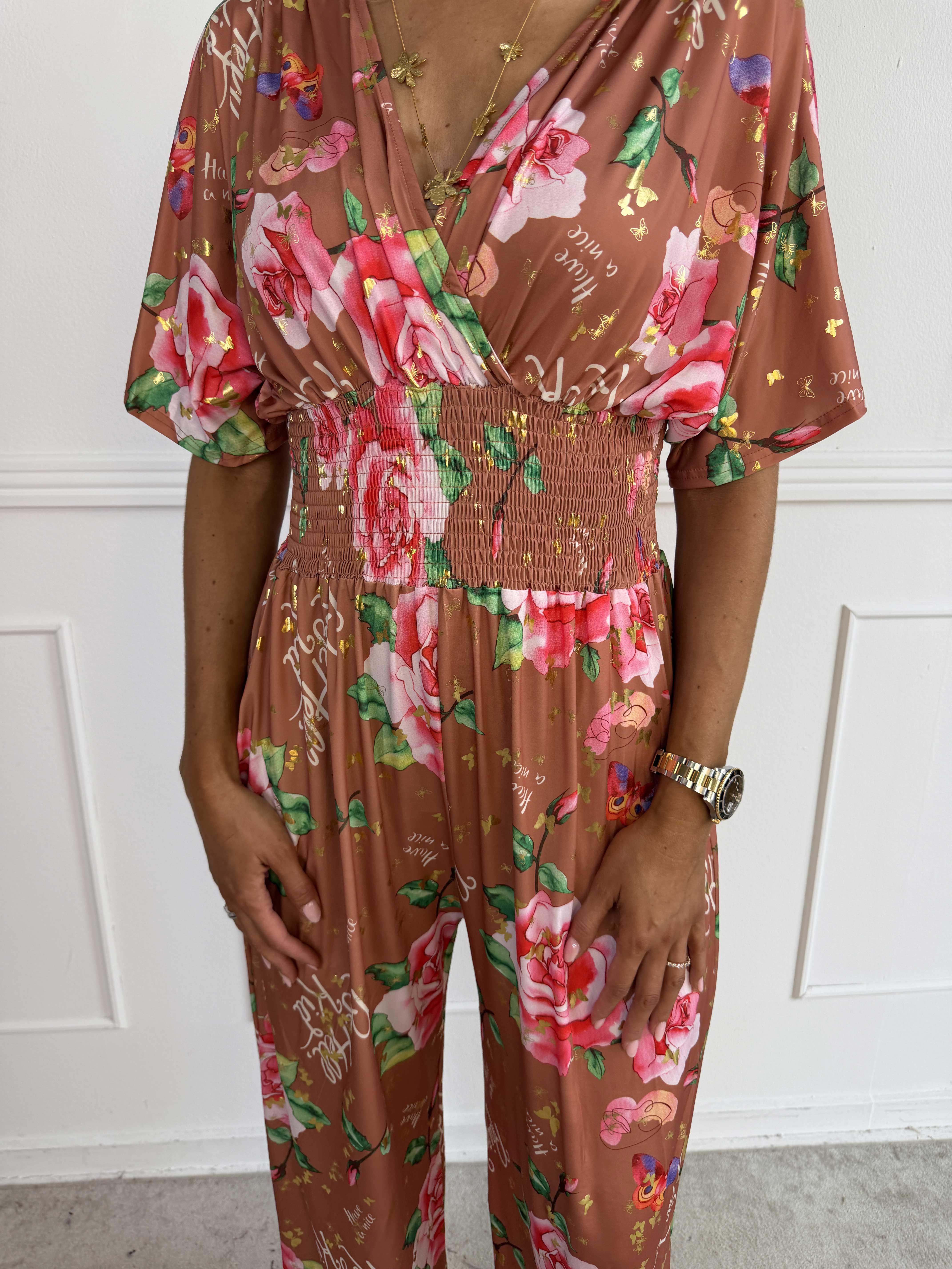 Pams Raise Jumpsuit - Elastisk buksedragt med blomsterr og guldsommerfugle